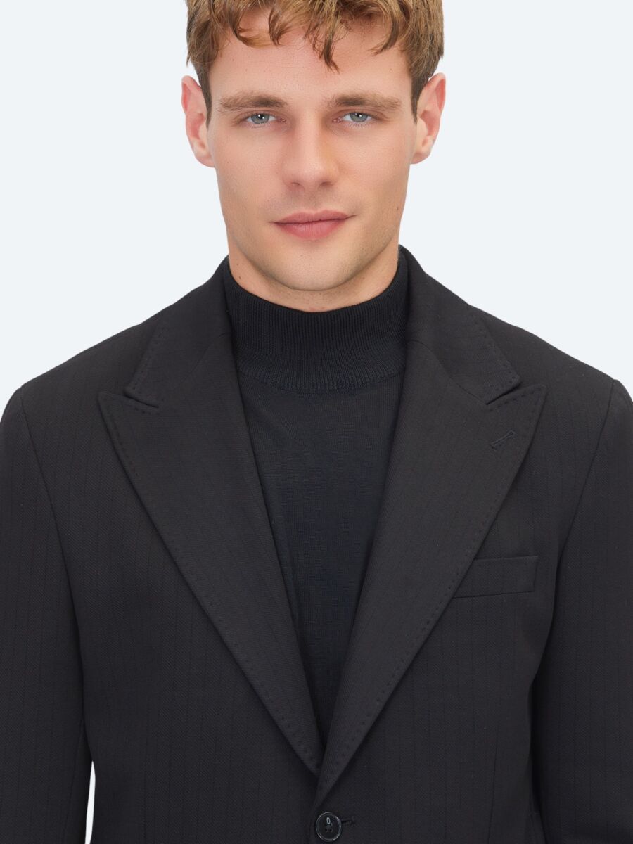 Siyah Çizgili Modern Fit Örme Takım Elbise - 4