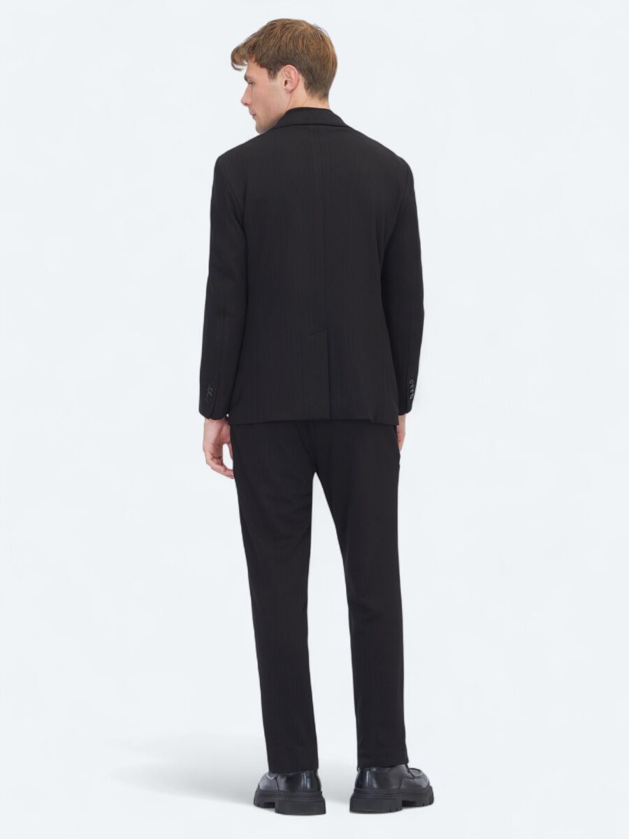 Siyah Çizgili Modern Fit Örme Takım Elbise - 5