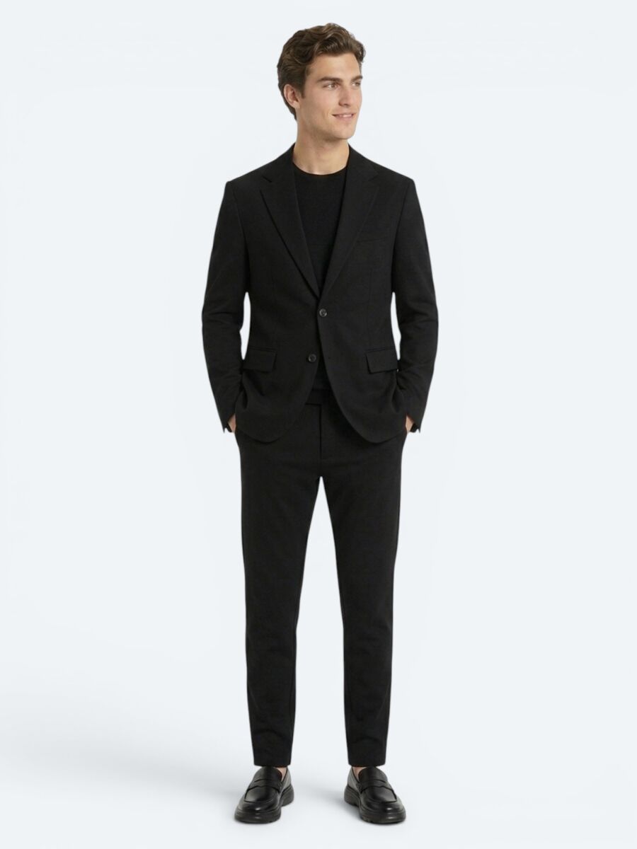Siyah Çizgili Modern Fit Örme Takım Elbise - 2
