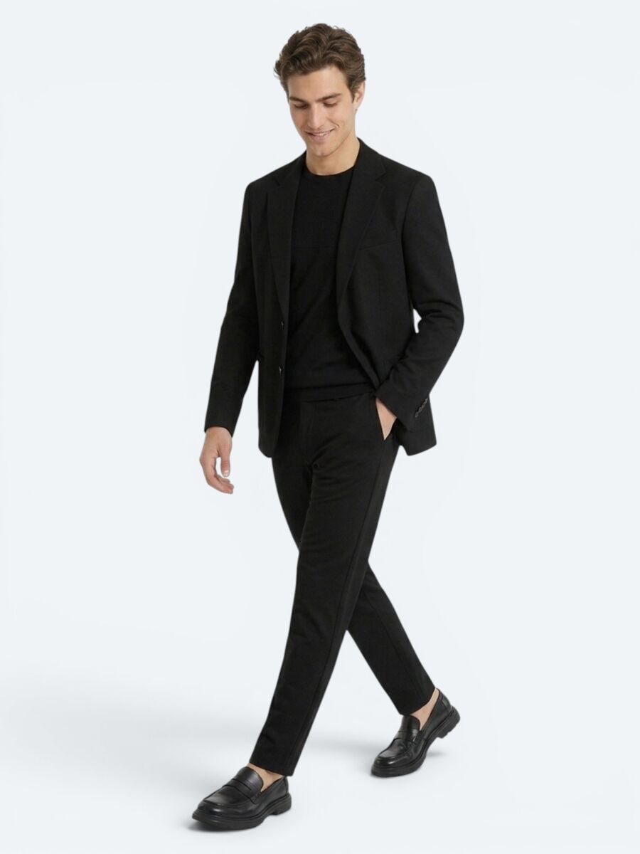 Siyah Çizgili Modern Fit Örme Takım Elbise - 3