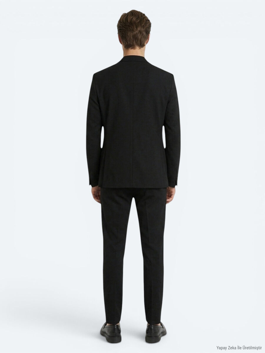 Siyah Çizgili Modern Fit Örme Takım Elbise - 5
