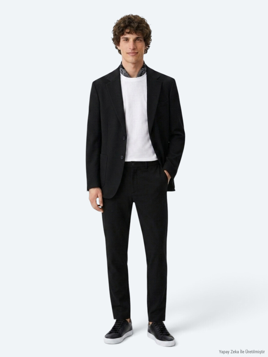 Siyah Çizgili Modern Fit Örme Takım Elbise - KİP