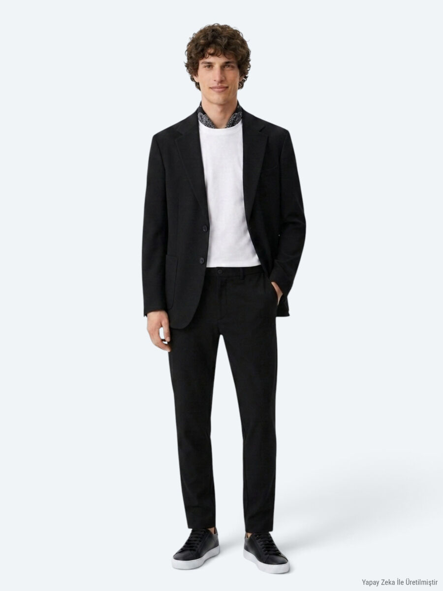 Siyah Çizgili Modern Fit Örme Takım Elbise - 1