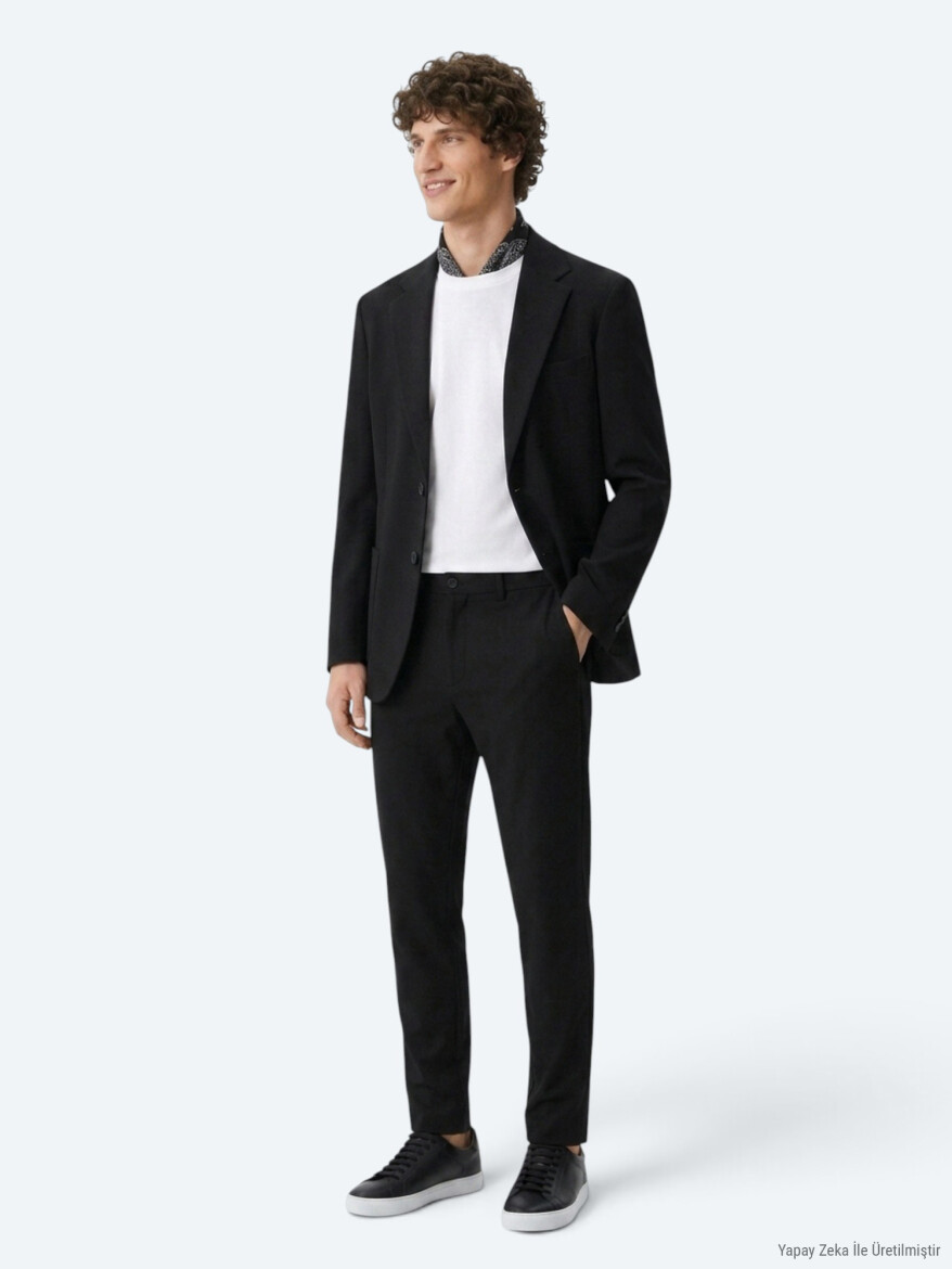 Siyah Çizgili Modern Fit Örme Takım Elbise - KİP