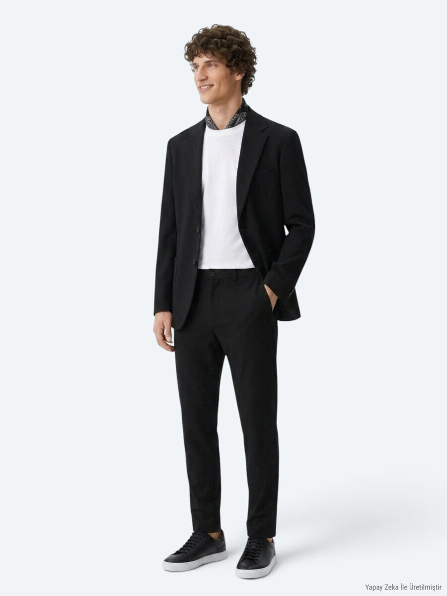 Siyah Çizgili Modern Fit Örme Takım Elbise - 2