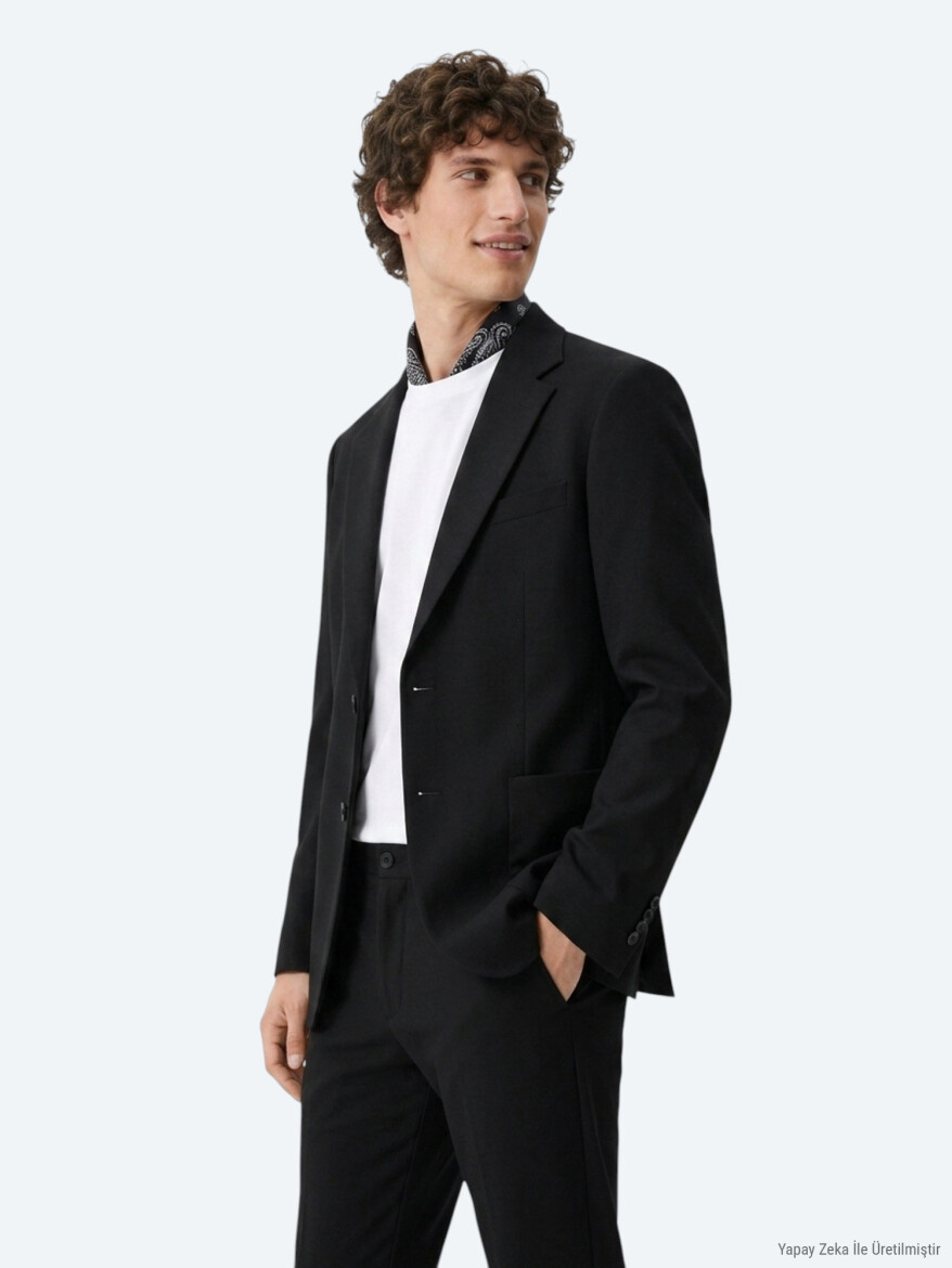 Siyah Çizgili Modern Fit Örme Takım Elbise - 3