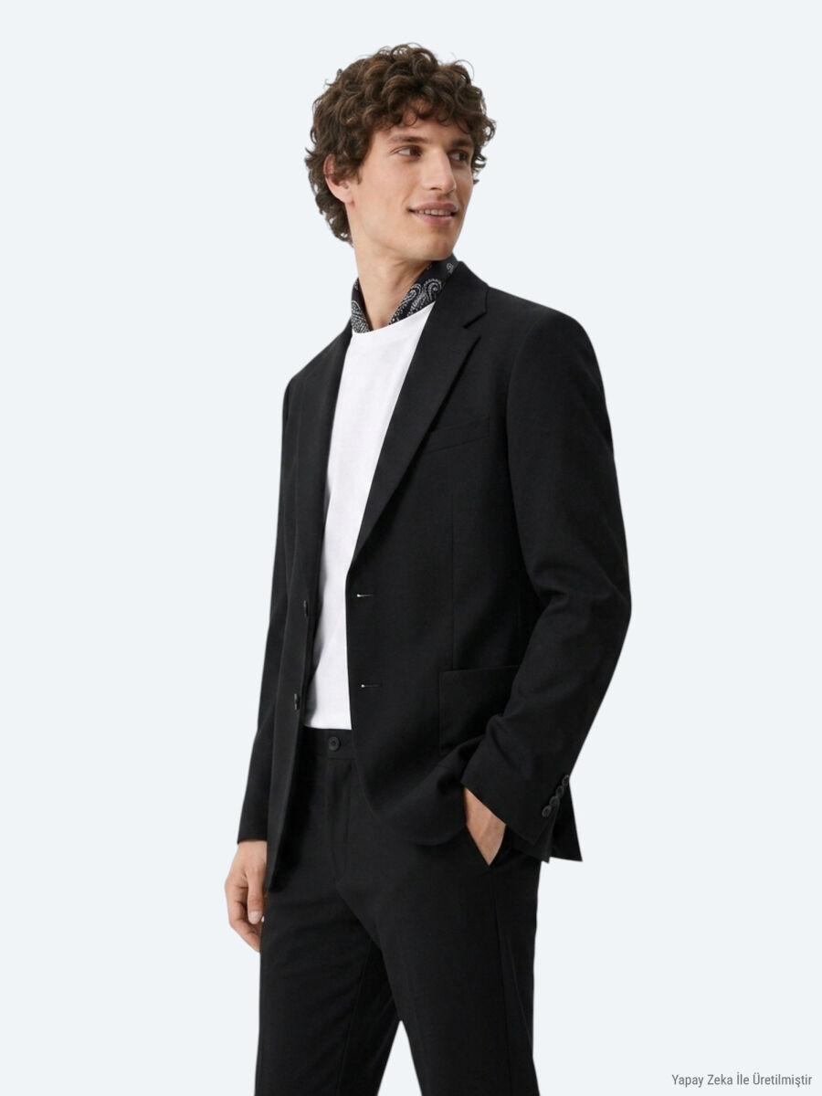 Siyah Çizgili Modern Fit Örme Takım Elbise - 3