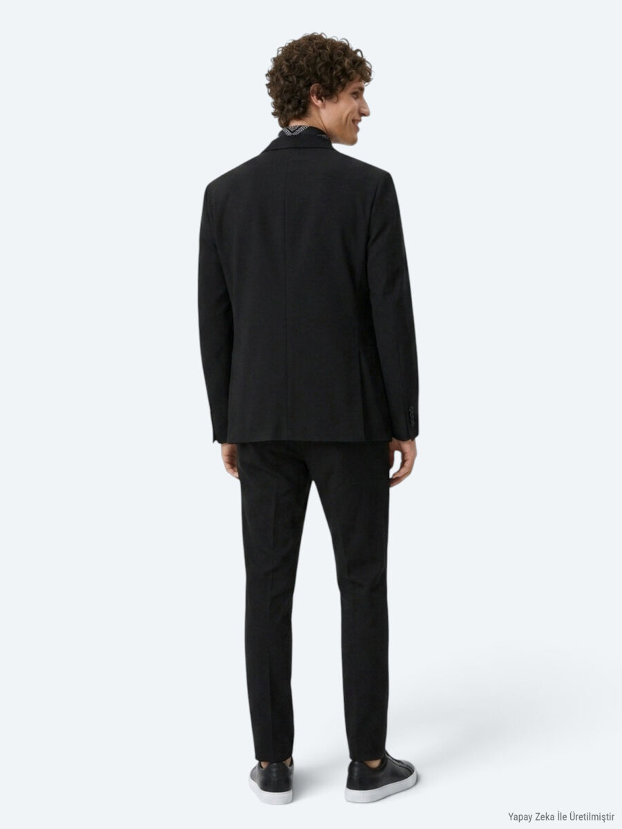 Siyah Çizgili Modern Fit Örme Takım Elbise - 5