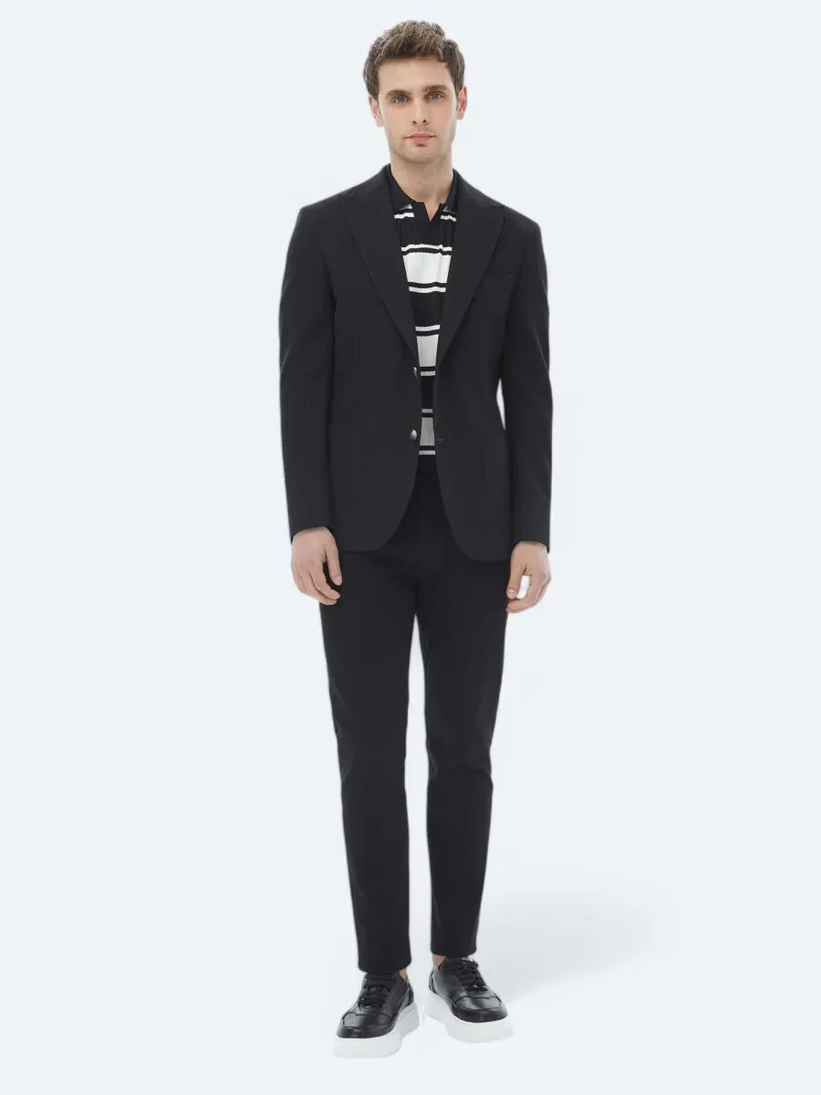 Siyah Çizgili Modern Fit Pamuk Karışımlı Ceket - 2
