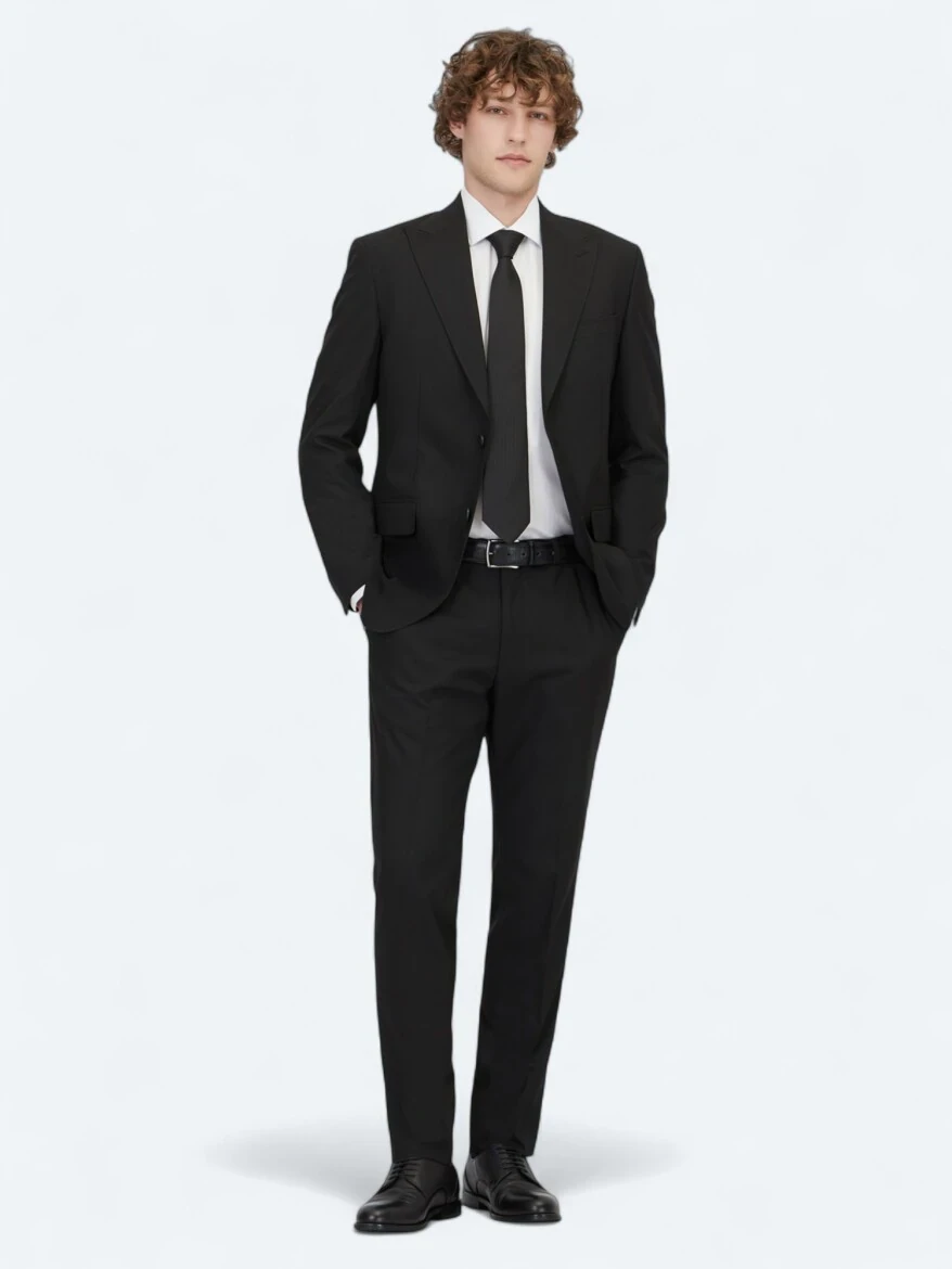 Siyah Çizgili Modern Fit Takım Elbise - 2