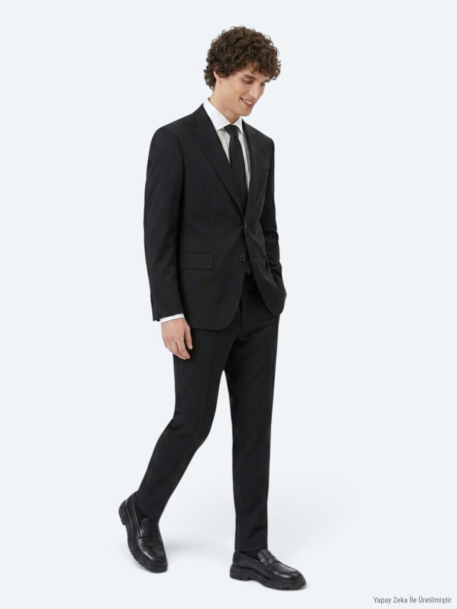 Siyah Çizgili Modern Fit Takım Elbise - 2