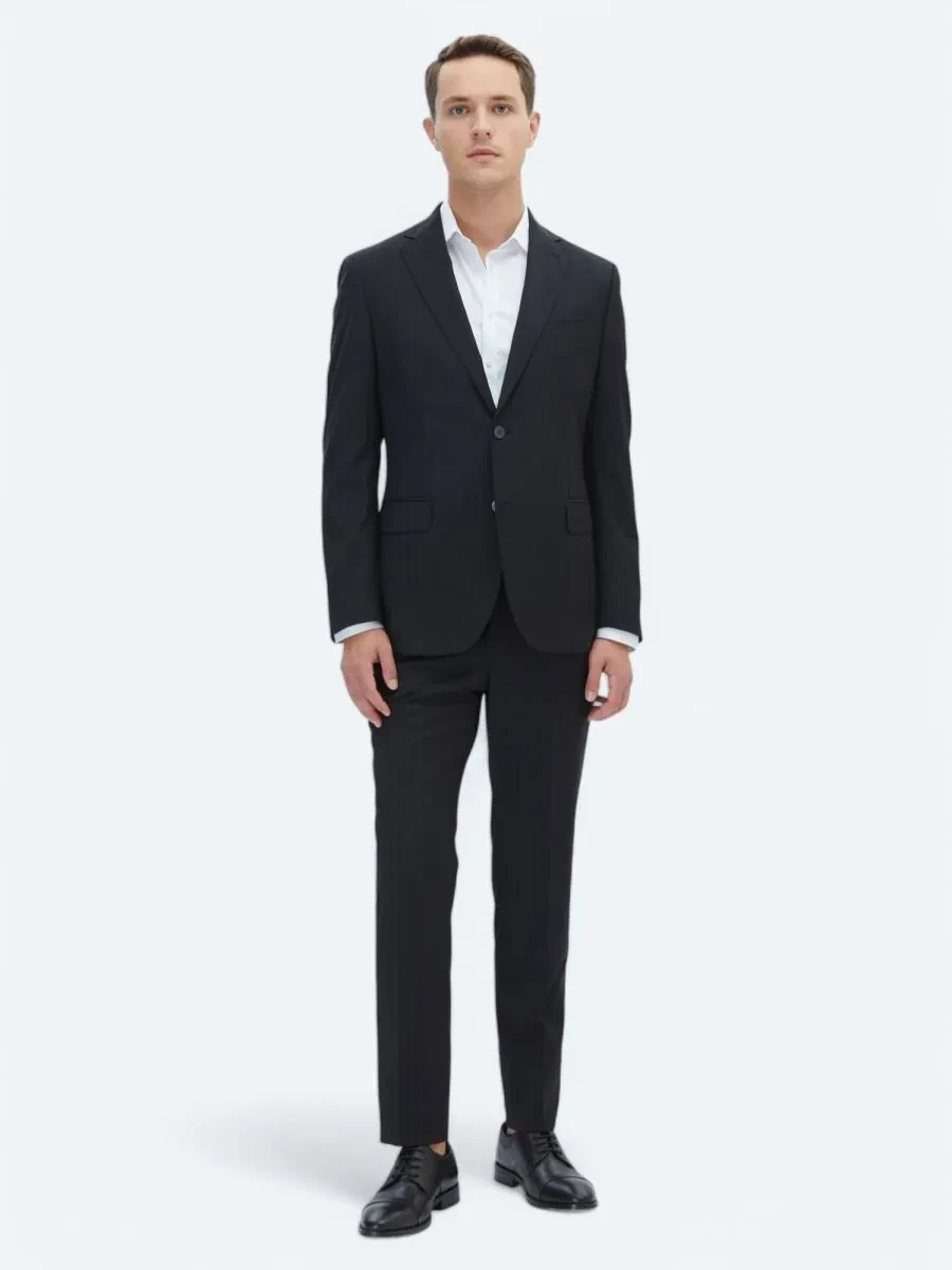 Siyah Çizgili Modern Fit Yün Karışımlı Takım Elbise - 2