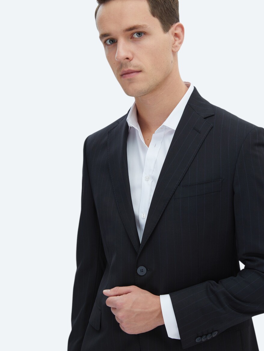 Siyah Çizgili Modern Fit Yün Karışımlı Takım Elbise - 4