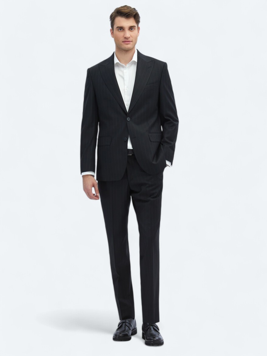 Siyah Çizgili Modern Fit Yün Karışımlı Takım Elbise - KİP