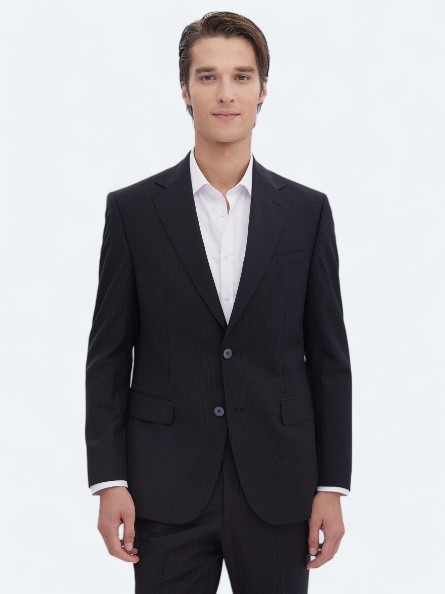 Siyah Çizgili Modern Fit Yün Karışımlı Takım Elbise - 1