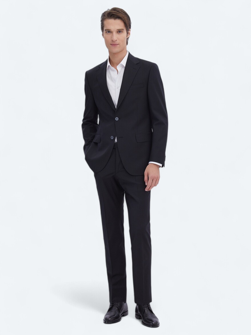 Siyah Çizgili Modern Fit Yün Karışımlı Takım Elbise - 2