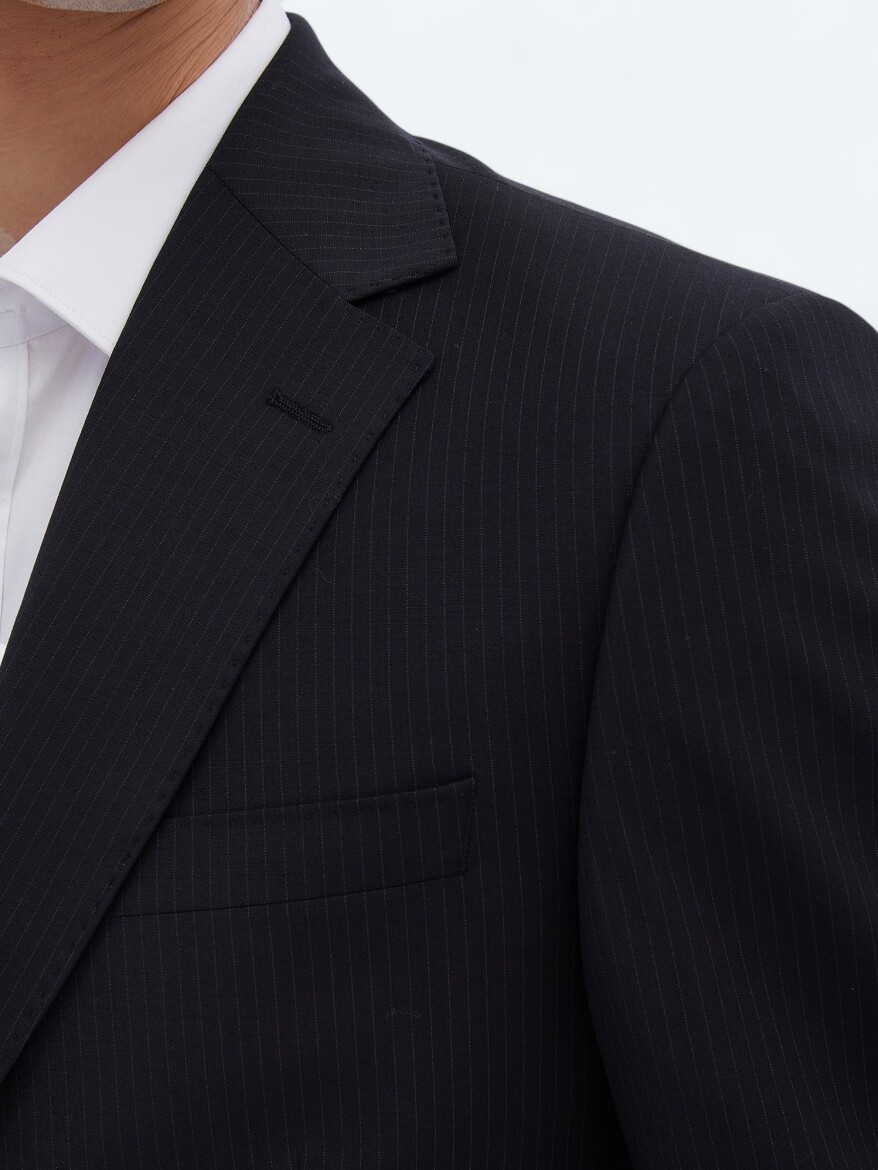 Siyah Çizgili Modern Fit Yün Karışımlı Takım Elbise - 4