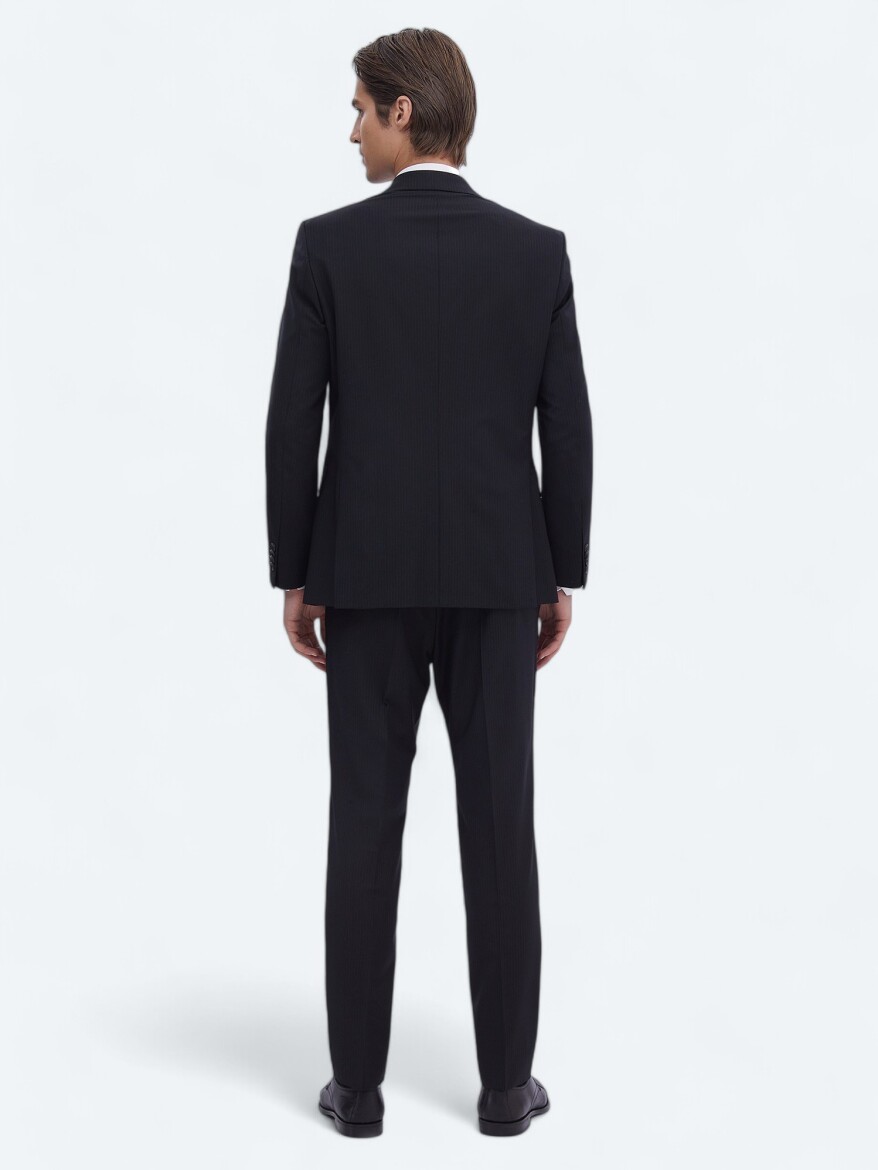 Siyah Çizgili Modern Fit Yün Karışımlı Takım Elbise - 5