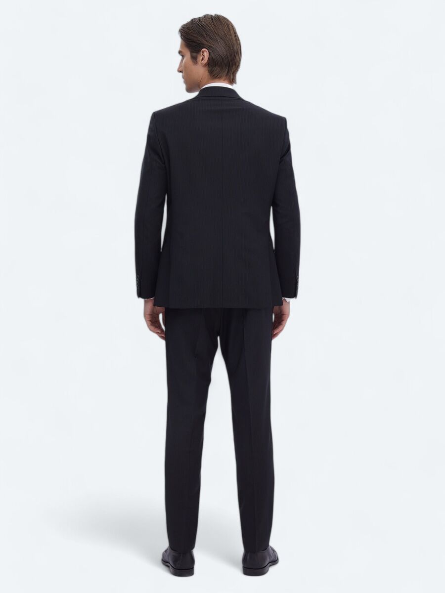 Siyah Çizgili Modern Fit Yün Karışımlı Takım Elbise - 5
