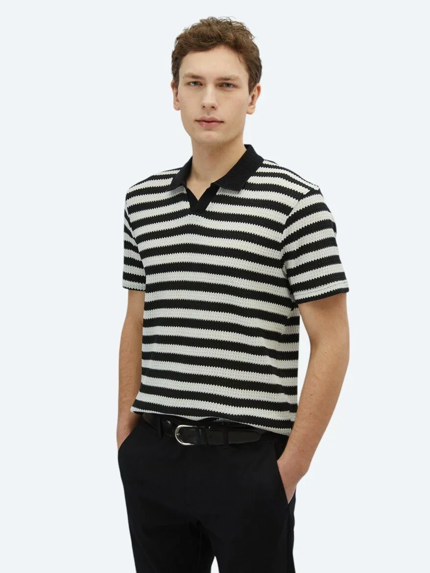 Siyah Çizgili Polo Yaka Pamuk Karışımlı T-Shirt - 1