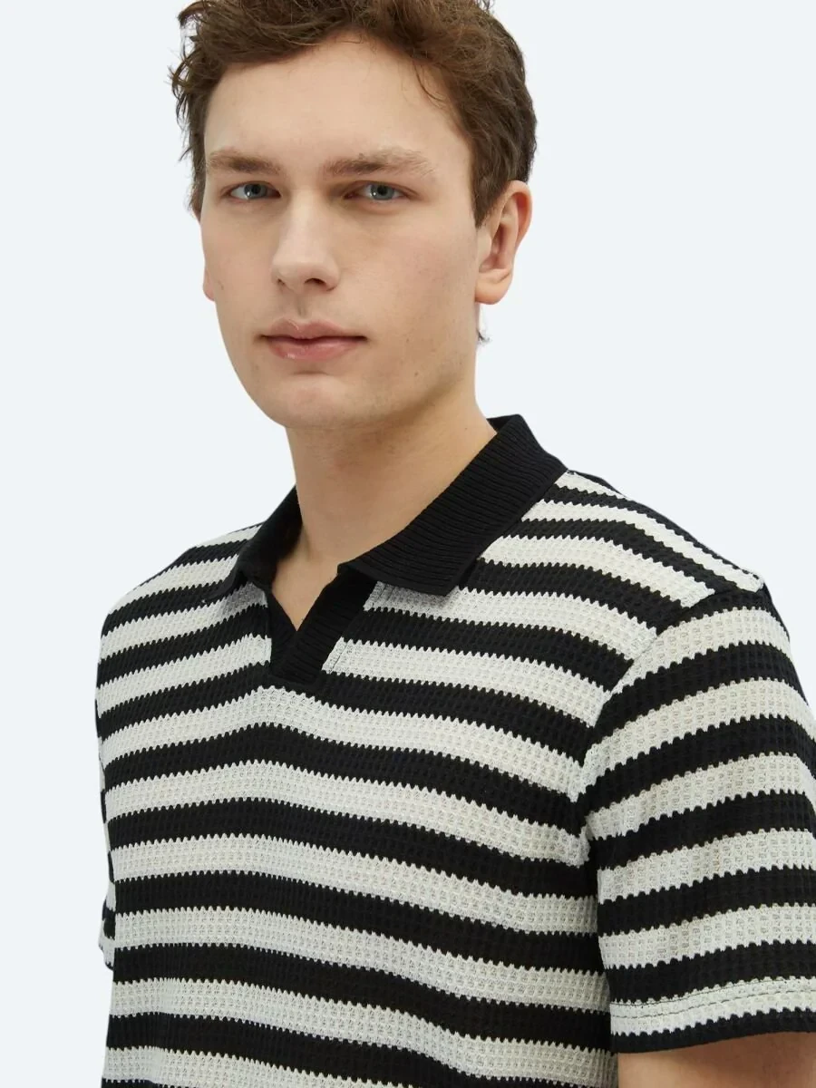 Siyah Çizgili Polo Yaka Pamuk Karışımlı T-Shirt - 3