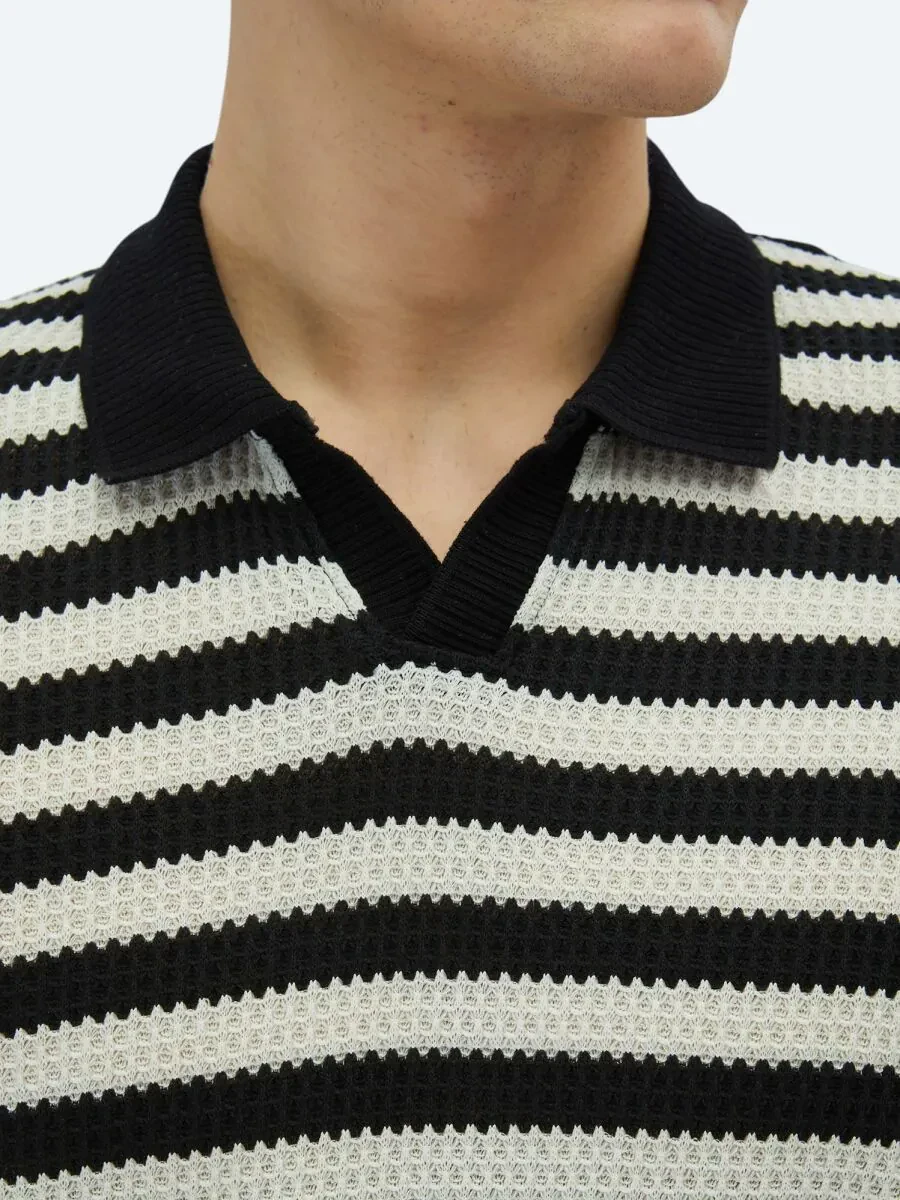 Siyah Çizgili Polo Yaka Pamuk Karışımlı T-Shirt - 4