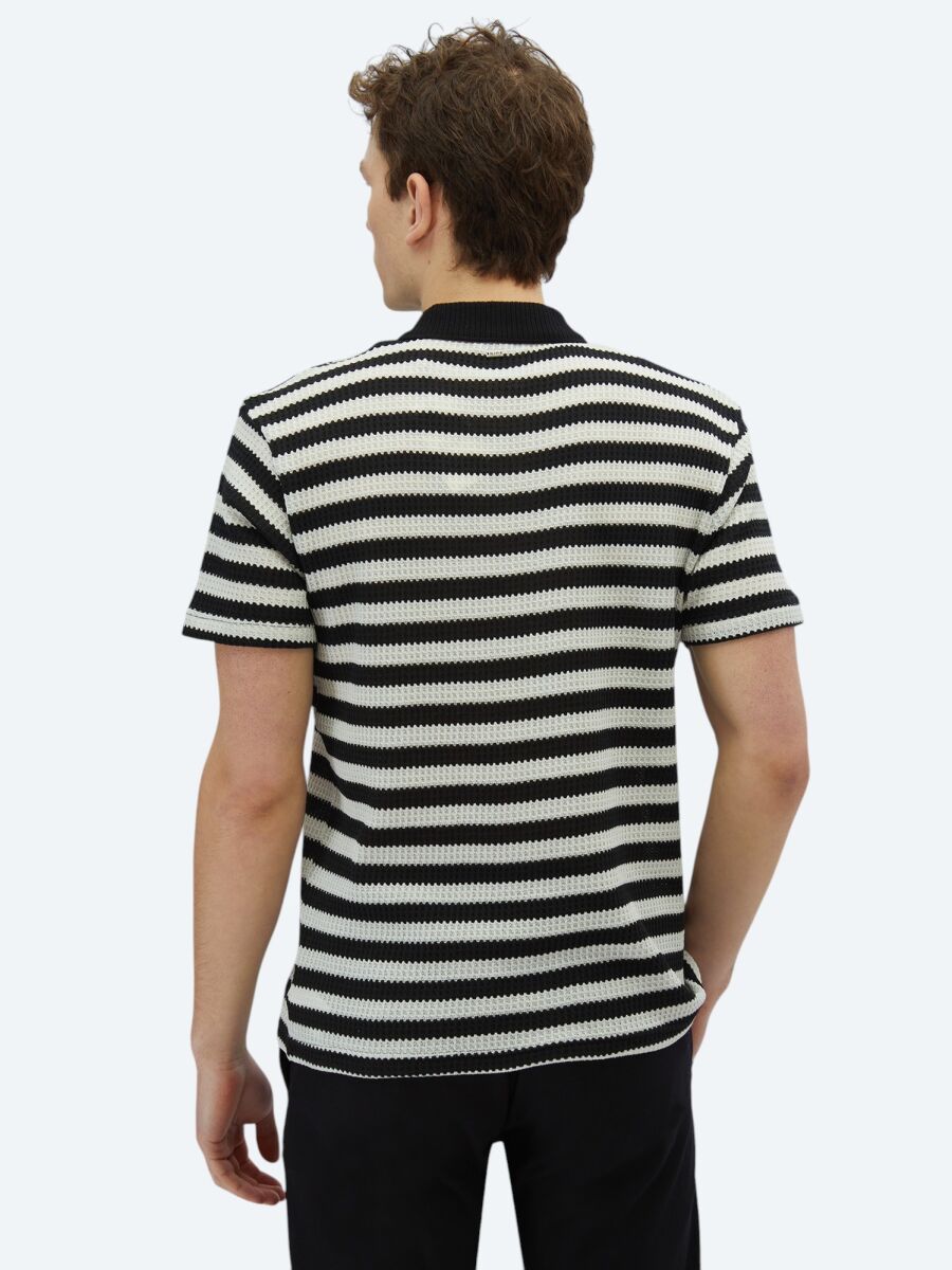 Siyah Çizgili Polo Yaka Pamuk Karışımlı T-Shirt - 5