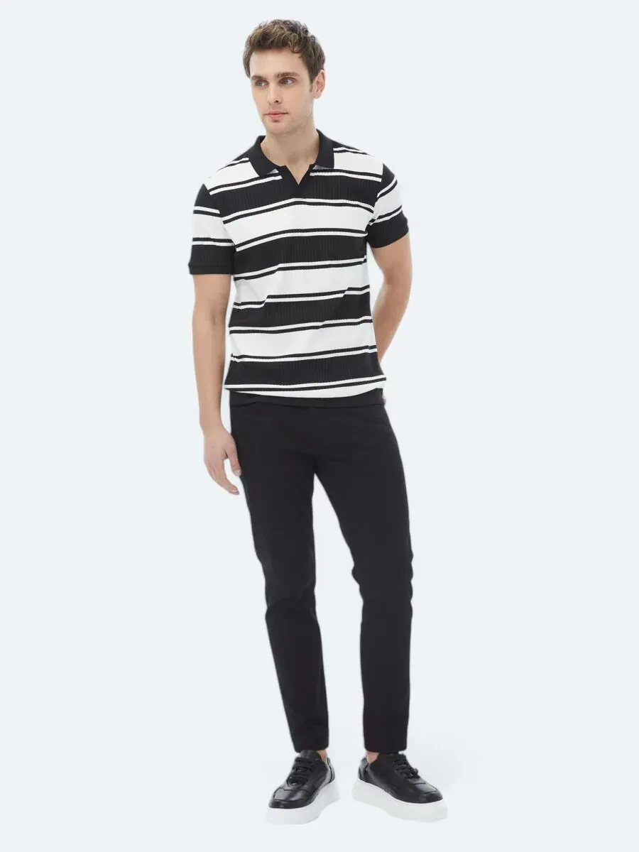 Siyah Çizgili Polo Yaka T-Shirt - 2