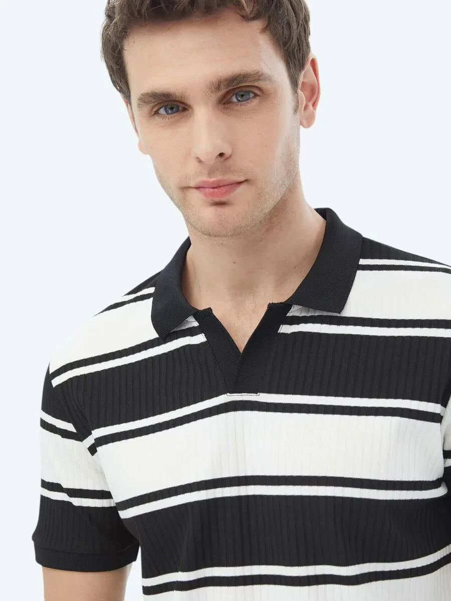 Siyah Çizgili Polo Yaka T-Shirt - 5