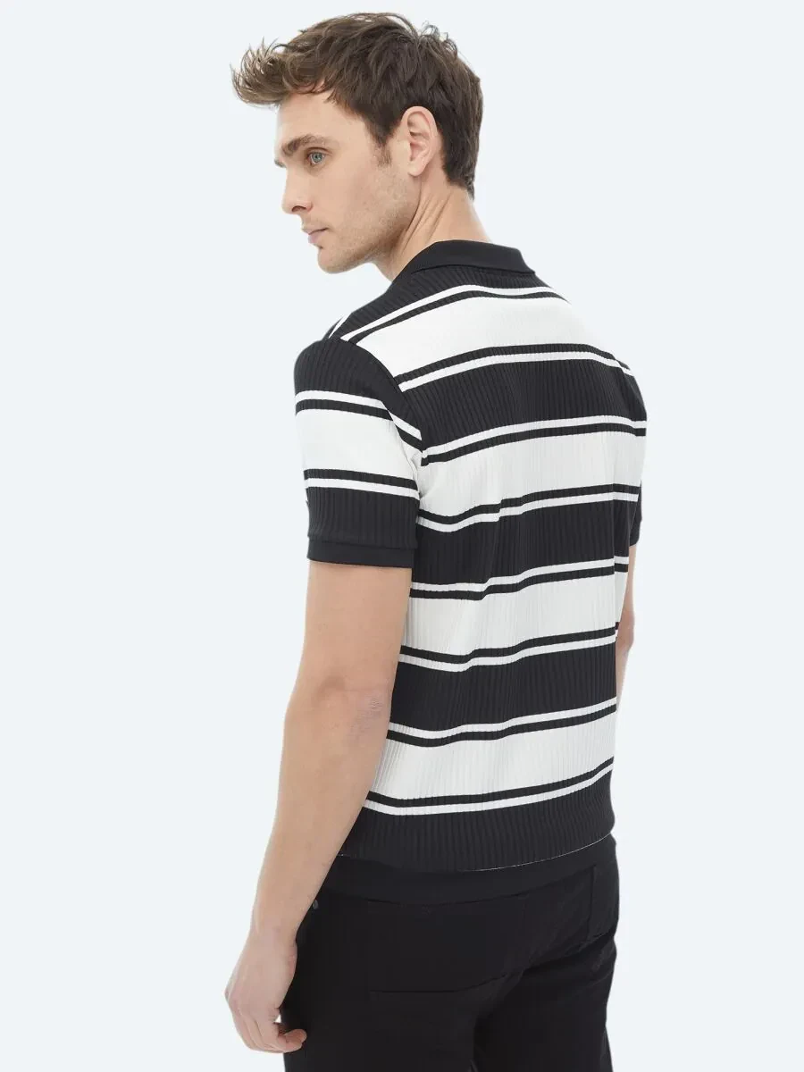Siyah Çizgili Polo Yaka T-Shirt - 7