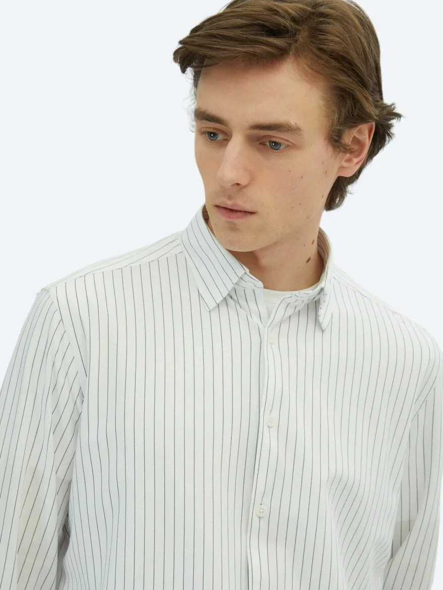 Siyah Çizgili Regular Fit Casual Pamuk Karışımlı Gömlek 