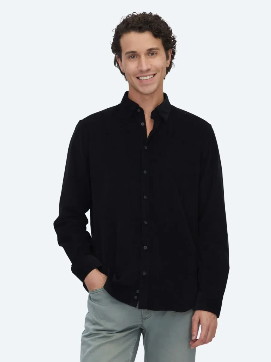 Siyah Çizgili Regular Fit Dokuma Kadife Casual %100 Pamuk Gömlek - 1