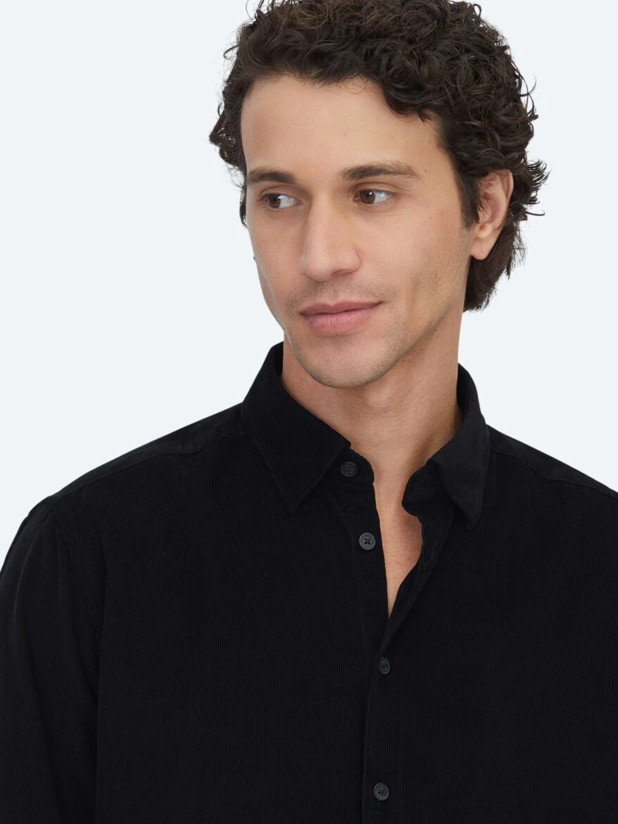 Siyah Çizgili Regular Fit Dokuma Kadife Casual %100 Pamuk Gömlek - 3