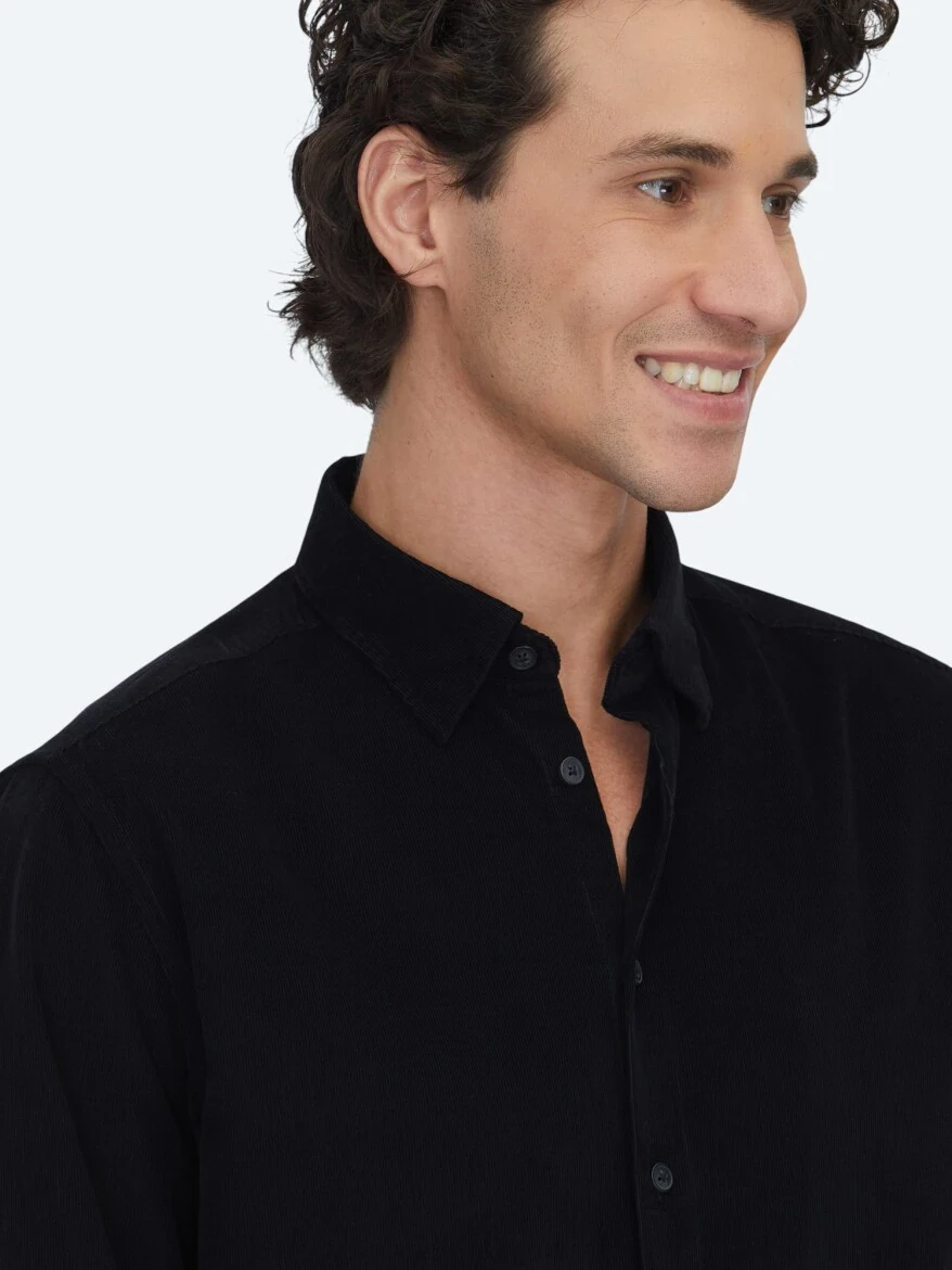 Siyah Çizgili Regular Fit Dokuma Kadife Casual %100 Pamuk Gömlek - 4