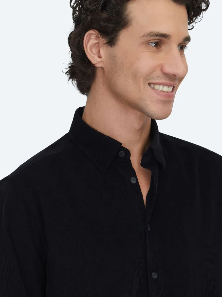 Siyah Çizgili Regular Fit Dokuma Kadife Casual %100 Pamuk Gömlek - 4