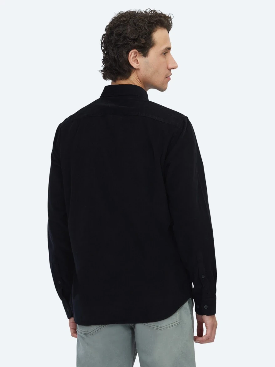 Siyah Çizgili Regular Fit Dokuma Kadife Casual %100 Pamuk Gömlek - 5