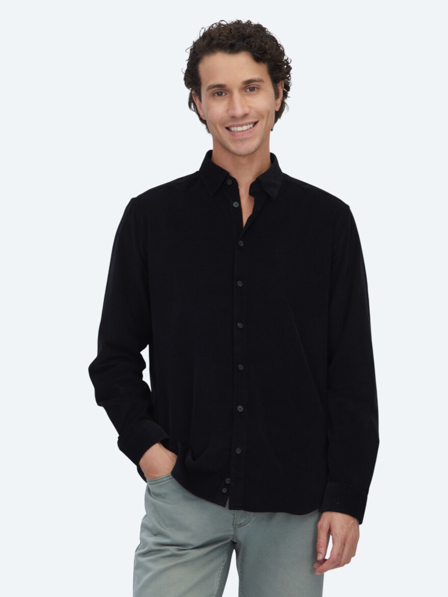 Siyah Çizgili Regular Fit Uzun Dokuma Kadife Casual %100 Pamuk Gömlek 
