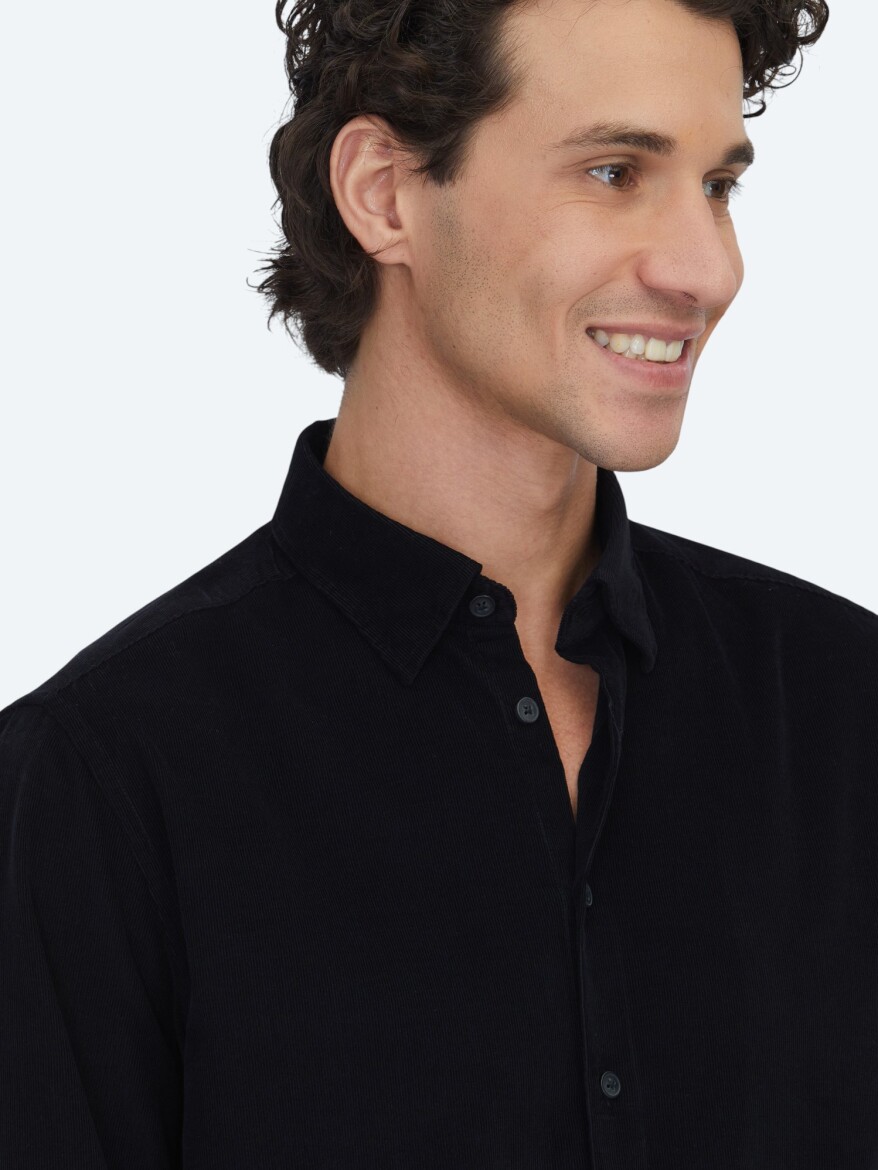 Siyah Çizgili Regular Fit Uzun Dokuma Kadife Casual %100 Pamuk Gömlek - 4