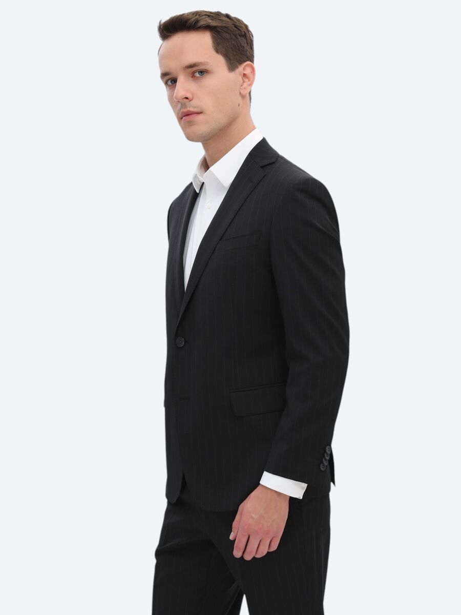 Siyah Çizgili Regular Fit Yün Karışımlı Takım Elbise - 3