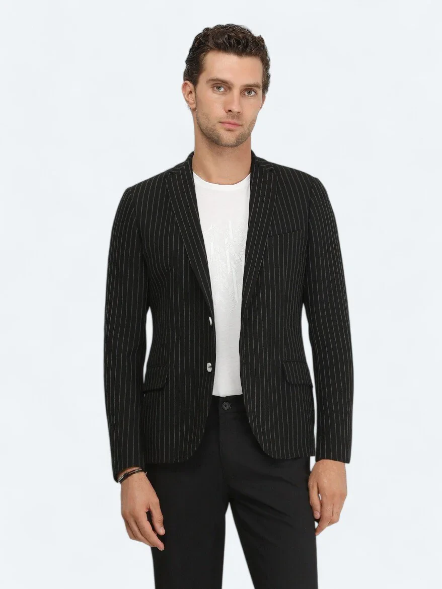 Siyah Çizgili Slim Fit Ceket - 3