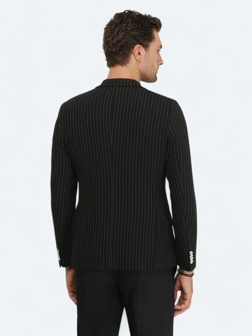 Siyah Çizgili Slim Fit Ceket - 7