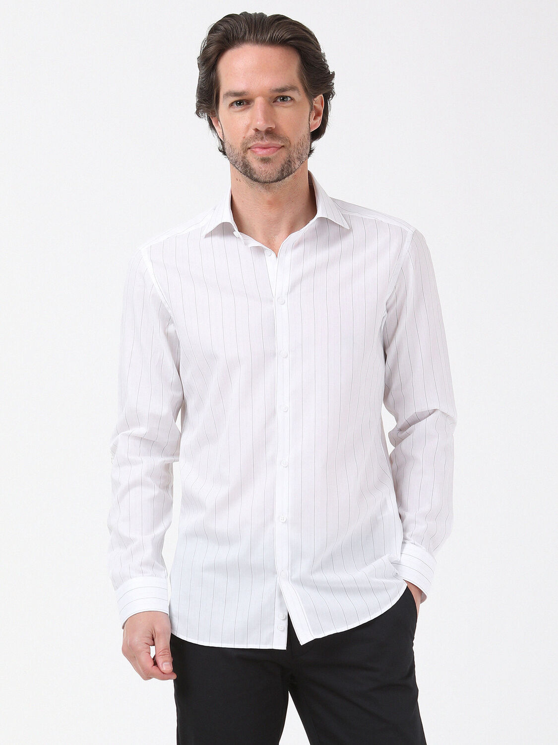 Siyah Çizgili Slim Fit Dokuma Klasik %100 Pamuk Gömlek - 2