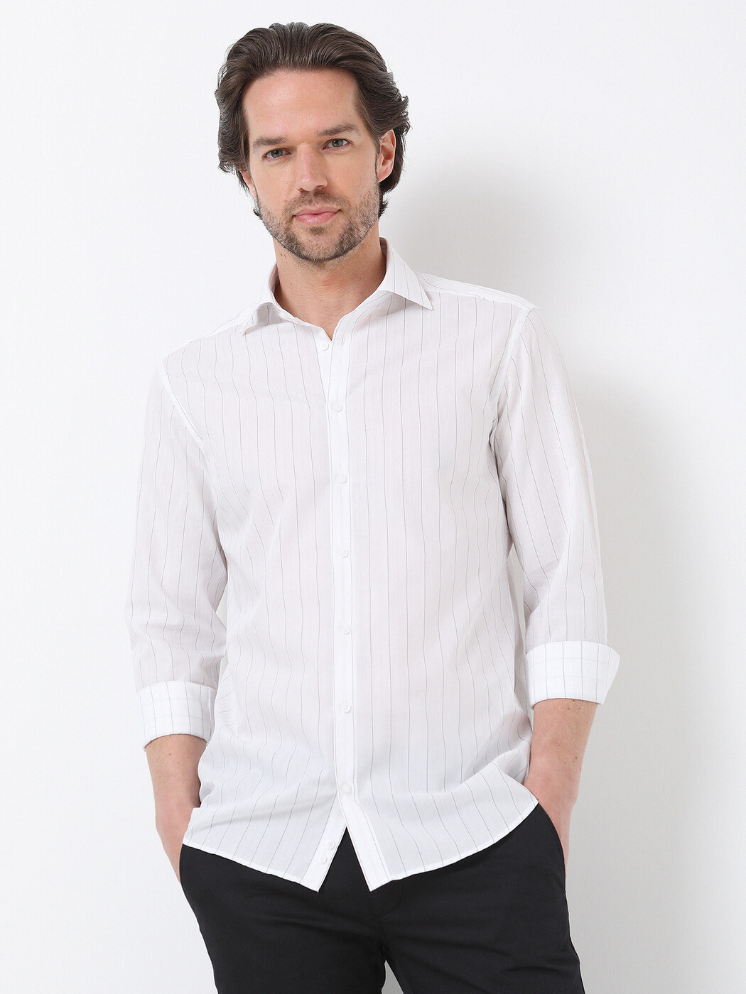 Siyah Çizgili Slim Fit Dokuma Klasik %100 Pamuk Gömlek - 4