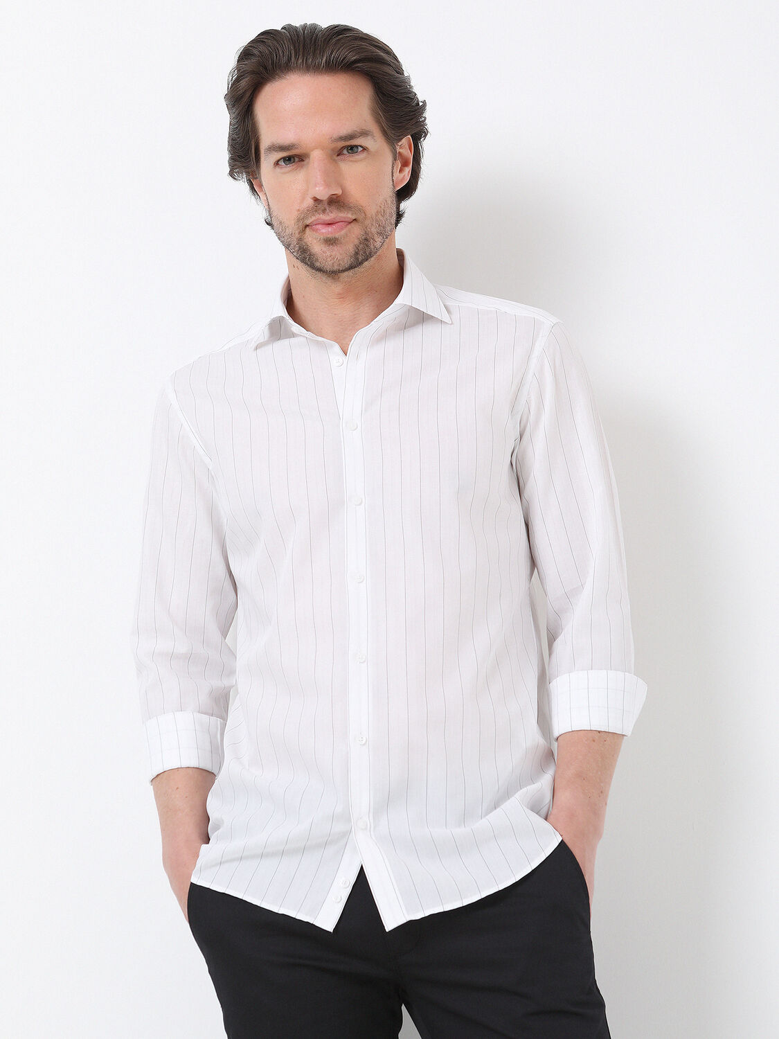 Siyah Çizgili Slim Fit Dokuma Klasik %100 Pamuk Gömlek - 4