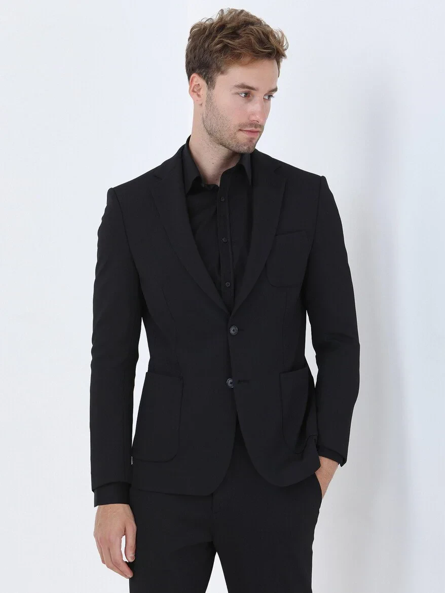 Siyah Çizgili Slim Fit Örme Takım Elbise - 1
