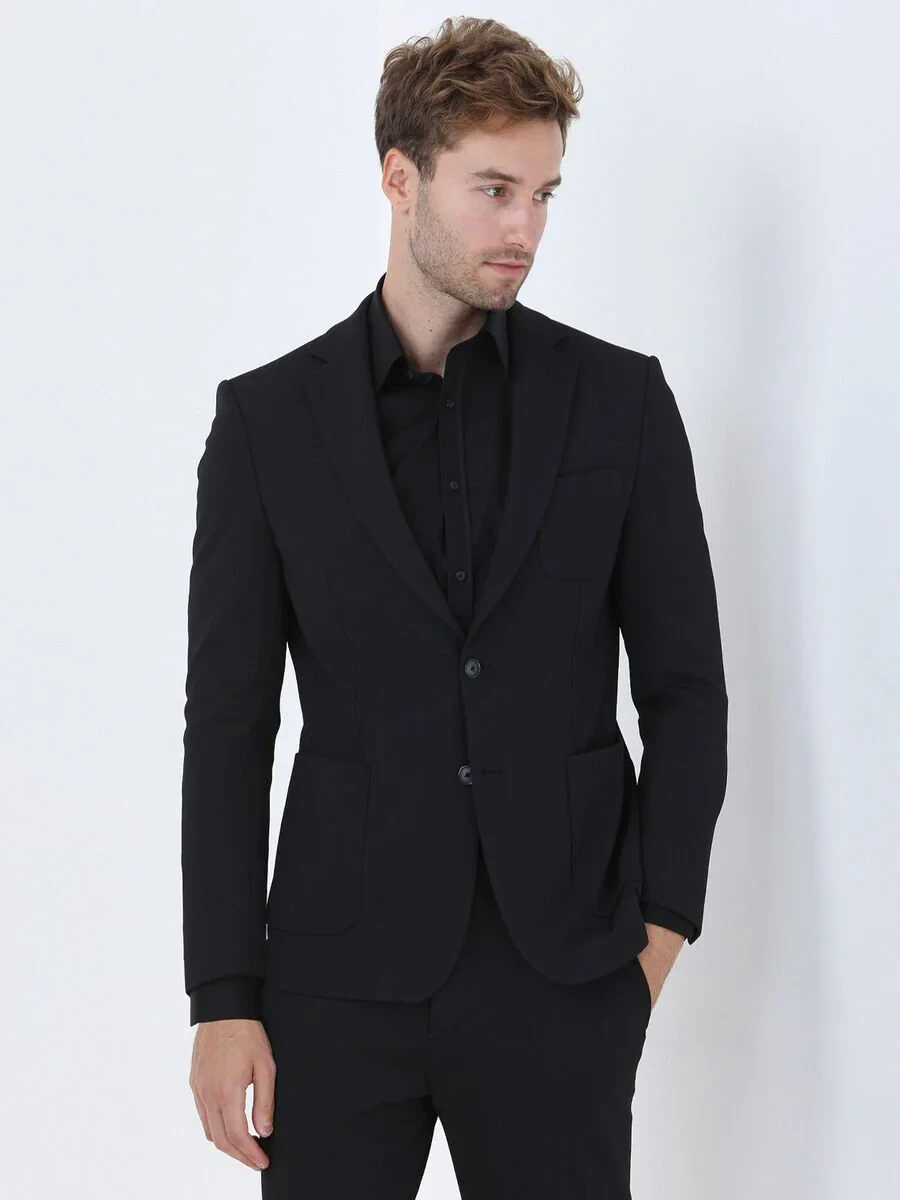 Siyah Çizgili Slim Fit Örme Takım Elbise - 1