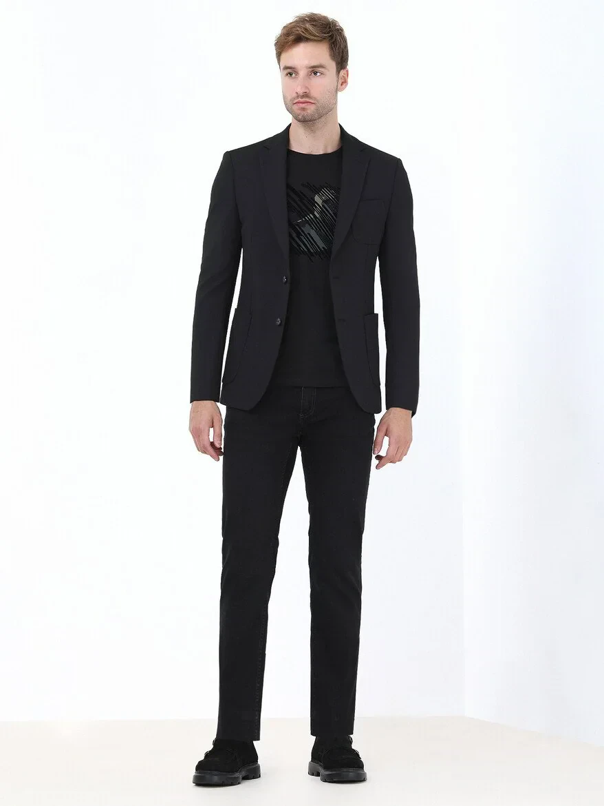 Siyah Çizgili Slim Fit Örme Takım Elbise - 3