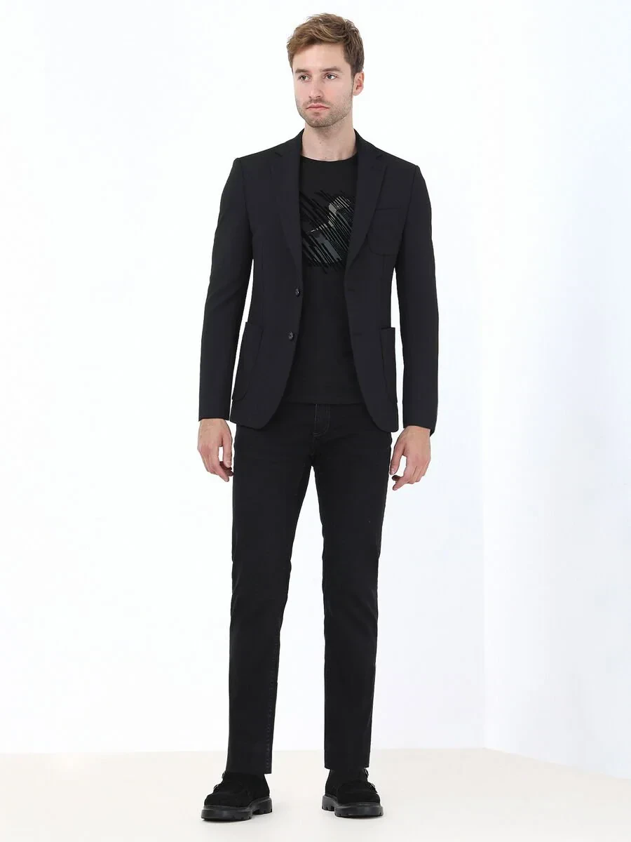 Siyah Çizgili Slim Fit Örme Takım Elbise - 3