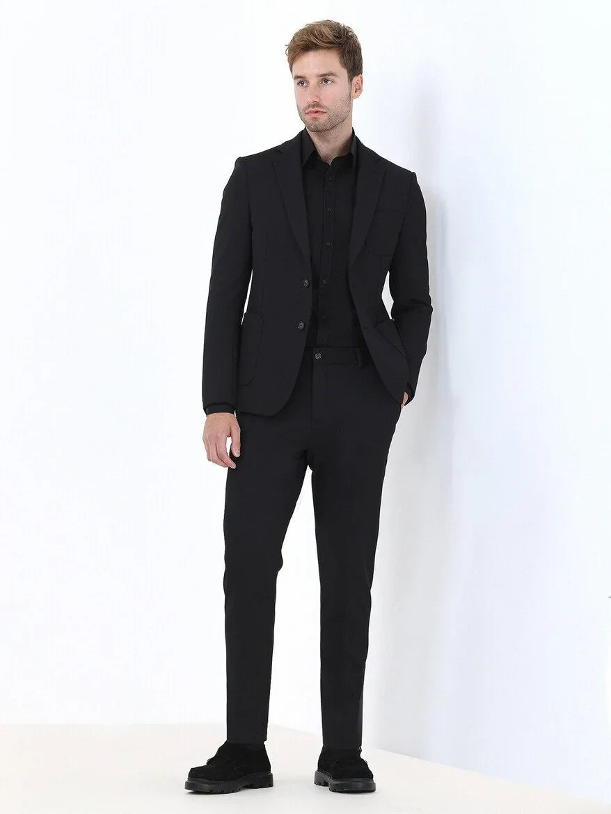 Siyah Çizgili Slim Fit Örme Takım Elbise - 4