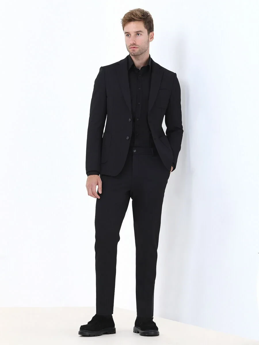 Siyah Çizgili Slim Fit Örme Takım Elbise - 4